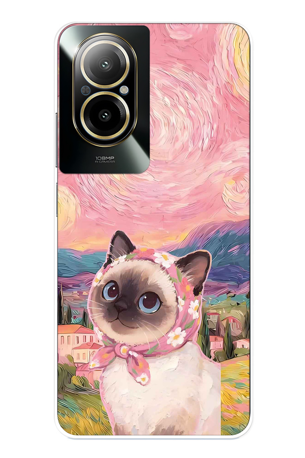 Realme 12 Lite Compatible Van Gogh Themed Cat Pattern Transparent Phone Case