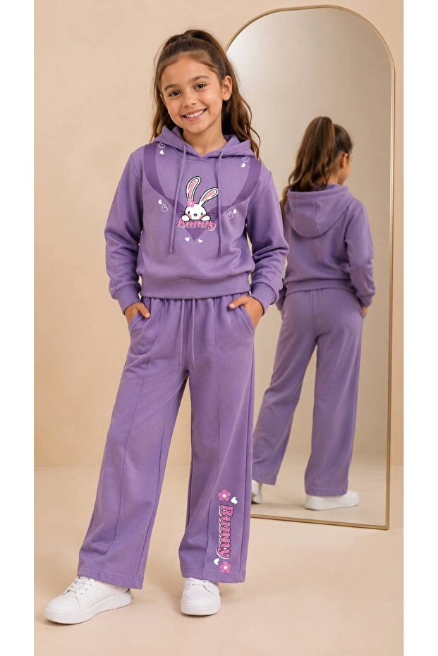 Girl's Purple Hooded Rabbit Patterned Two-Thread Set