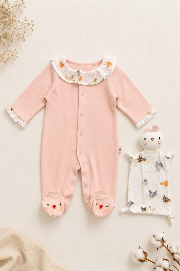 Ruffle Collar Chicken Detailed Baby Girl Romper and Sleep Buddy Set with Booties
