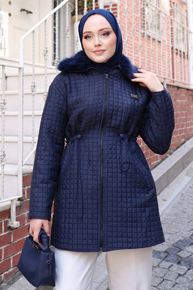 Fur Collar Waist Gathered Quilted Jacket Navy Blue 19293