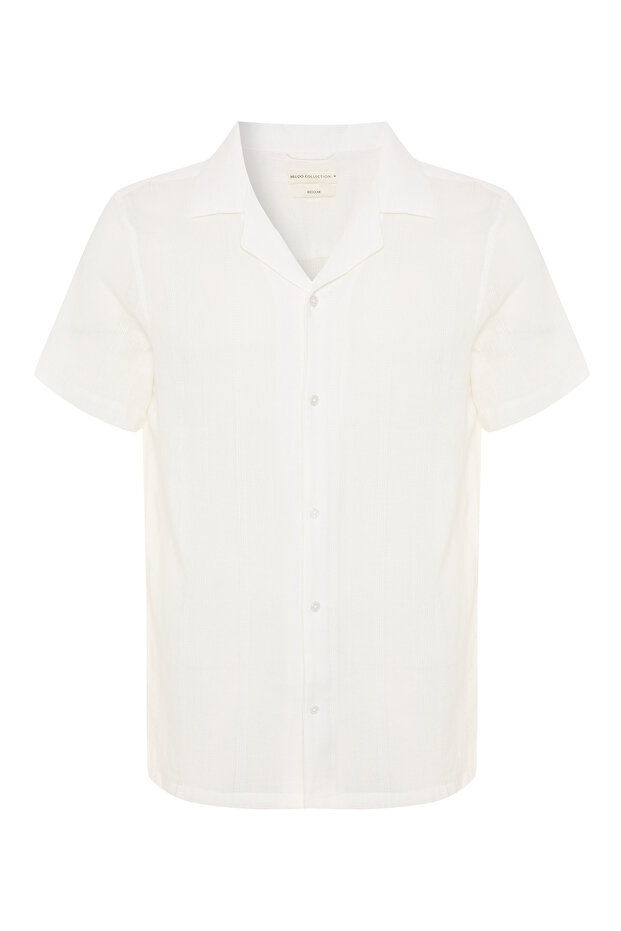 Men's Off-White Textured Resort Collar Short Sleeve Shirt