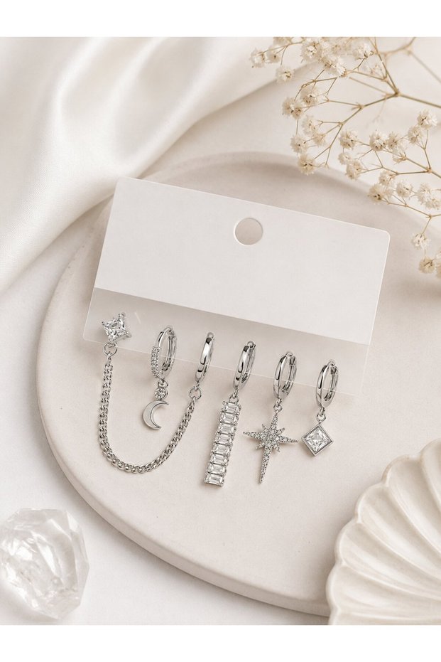 Silver Color Brass Zircon Stone Pole Star Detailed 6-Piece Earring Combination Set