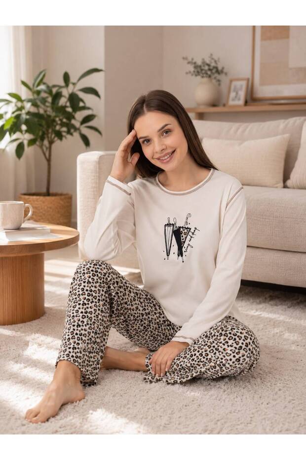 Women's Long Sleeve Crew Neck Leopard Pattern Waffle Fabric 100% Cotton Pajama Set
