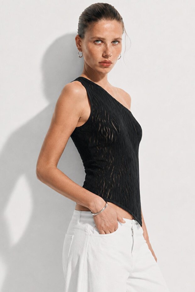 Women's black one shoulder asymmetric wavy openwork blouse