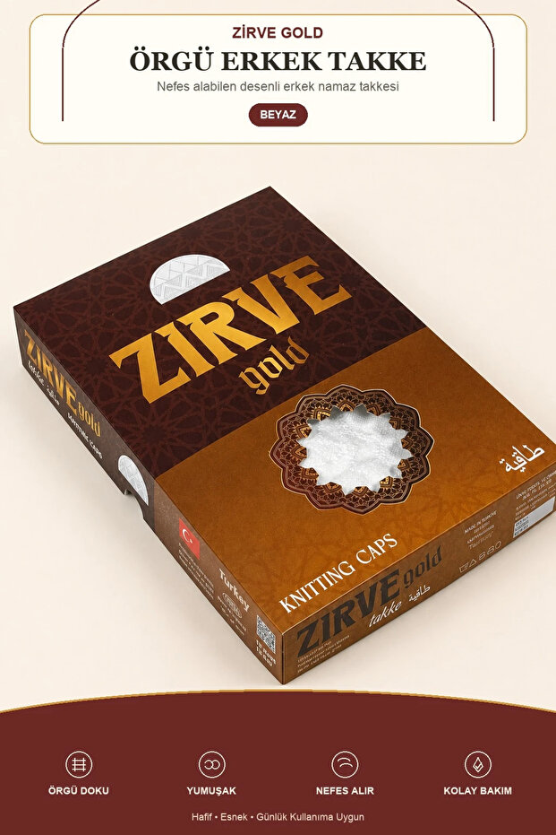 Zirve Gold Knitted Men's Skullcap White – Breathable Patterned Prayer Skullcap | 12-Pack