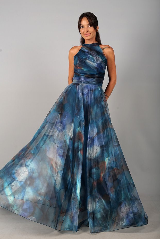 Women's Halter Neck Lined Draped Large Floral Organza Long Dress