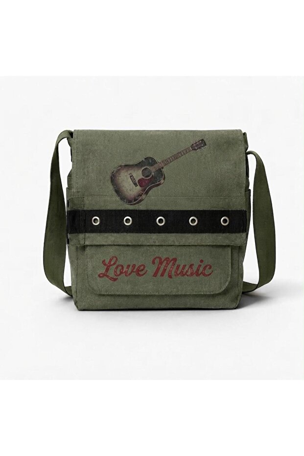 Khaki Love Music Guitar Printed Round Eyelet Messenger Bag