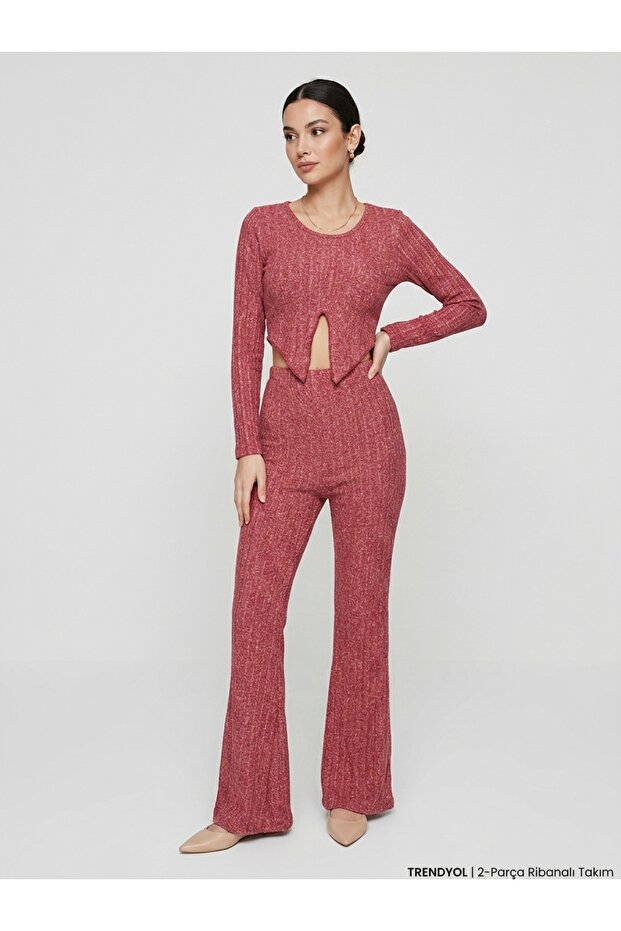 Women's Ribbed Slit 2-Piece Crop Top Spanish Flare Pants Set