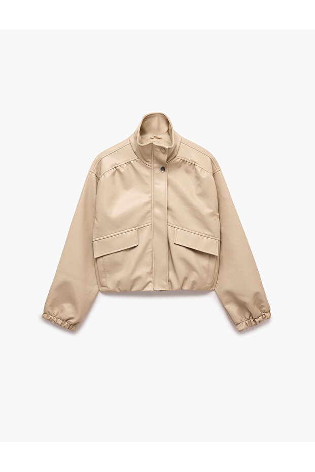 Buttoned Zippered Snap Buttoned Stand Collar Long Sleeve Faux Leather Jacket with Pockets