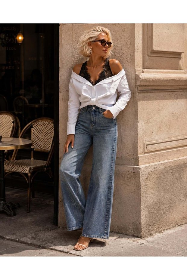 Crystal dust stone cast sparkle detail high waist palazzo jeans
