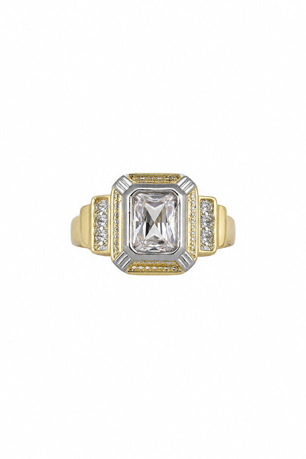 Stylish Ring with Rectangular Cut Stone in Yellow and Grey Tones