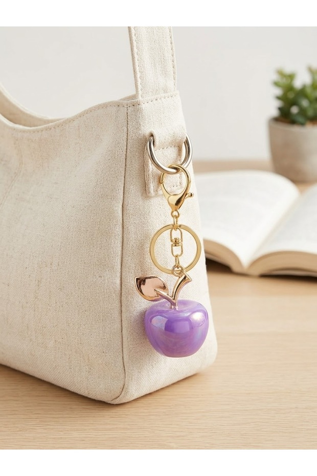 Shiny Purple Apple Detailed Gold Color Clip-On Bag Accessory