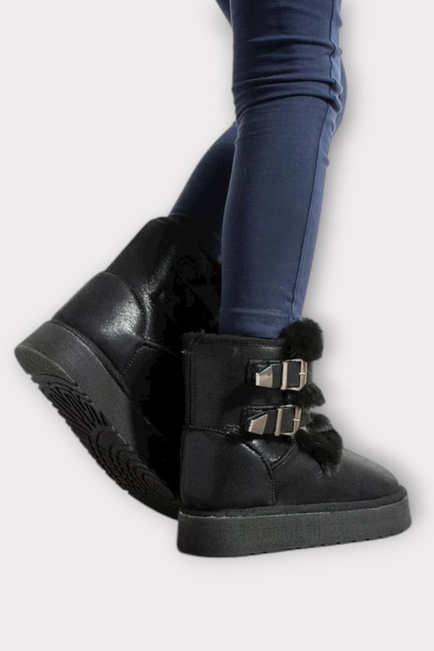 Girls' Boots with Fur Inside, Double Belt, Thick Sole Black