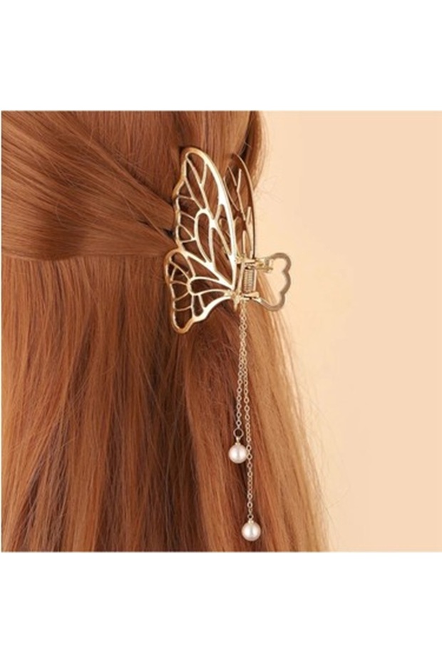 Gold Color Openwork Butterfly Figured Metal Hair Clip with Pearls and Hanging Butterfly Detail