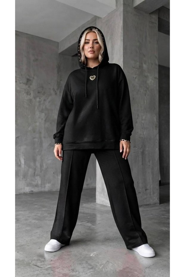 Women's Plus Size Long Sleeve Leopard Detailed Hooded Tracksuit Set 8296-26