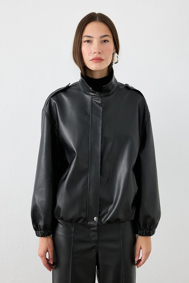 High Collar Bomber Leather Jacket - Black