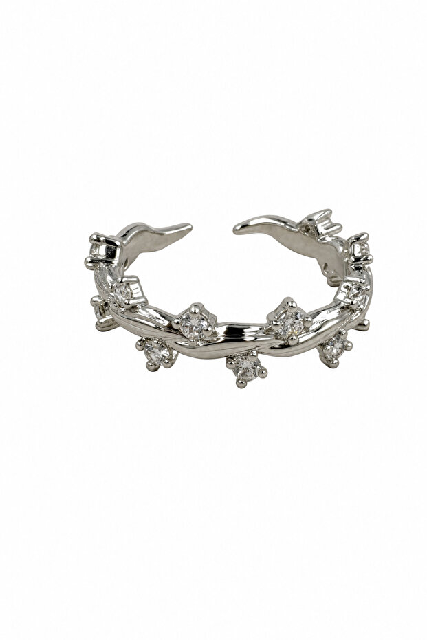 Adjustable Stone Detailed Leaf Patterned Stylish Gray Ring