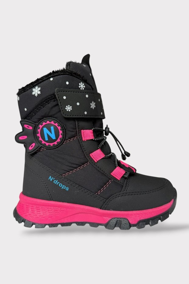 Velcro Smart Lace-Up Fur Girls' Boots Black - Fuchsia