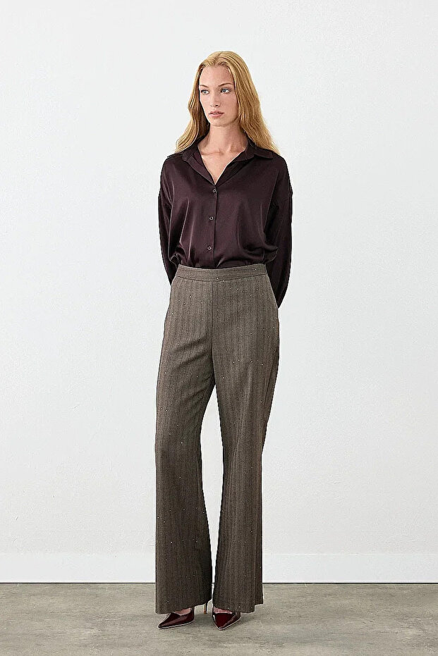 Spanish Style Herringbone Sequin Fabric Trousers - Brown