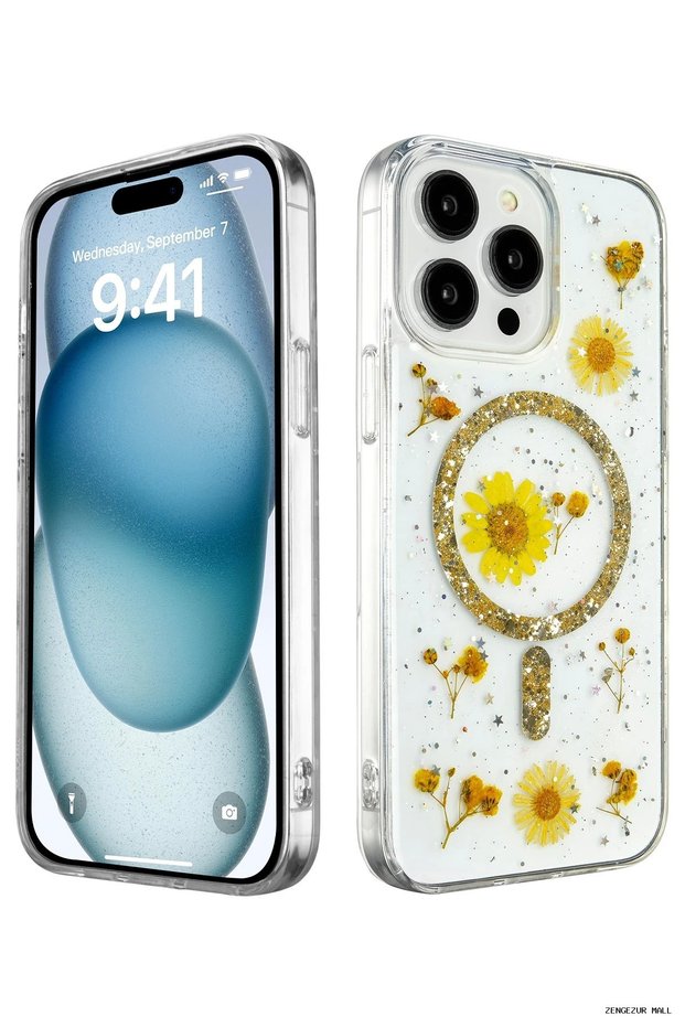 Zngzrmll iPhone 15 Pro Case Daisy Glitter Magsafe Cover (194613) - Gold