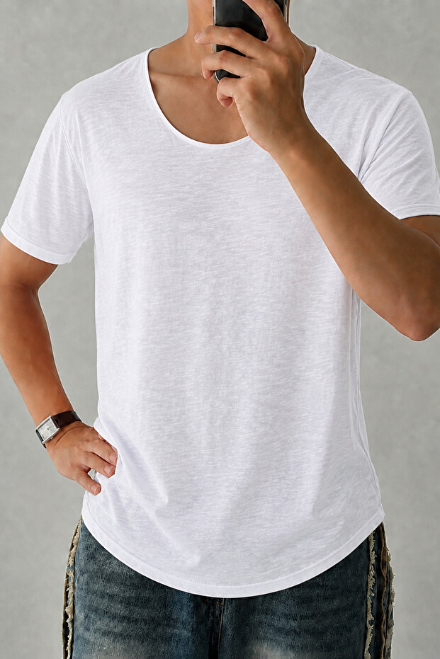 Men's Wide Collar Oval Hem 100% Cotton Flared Fabric Short Sleeve Basic T-Shirt