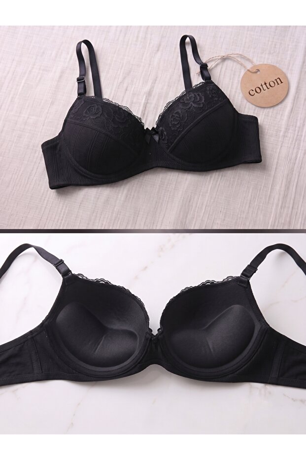 Cotton Classic Padded Black Push up Bra with Removable Straps