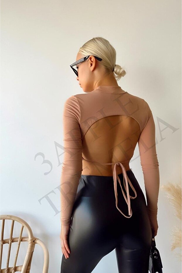 Women's Milk Coffee Backless Half Fishnet Crop Top