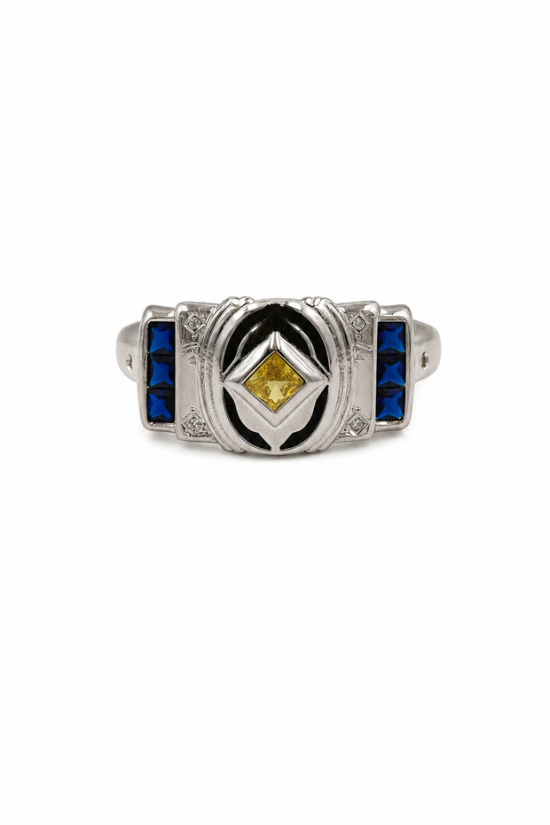 Steel Ring with Yellow Stone and Blue Detail, Modern Design, Unisex Stylish Ring