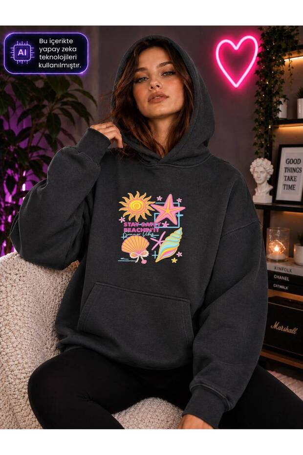Women's Sun and Starfish Printed Hooded Kangaroo Pocket Cotton Casual Sweatshirt