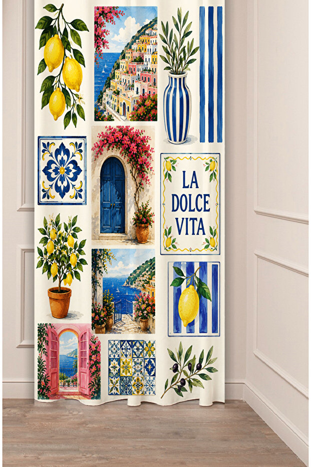 La Dolce Vita & Mediterranean Chronicles & Lemon Concept Aesthetic Collage Patterned Digital Printed Background Curtain