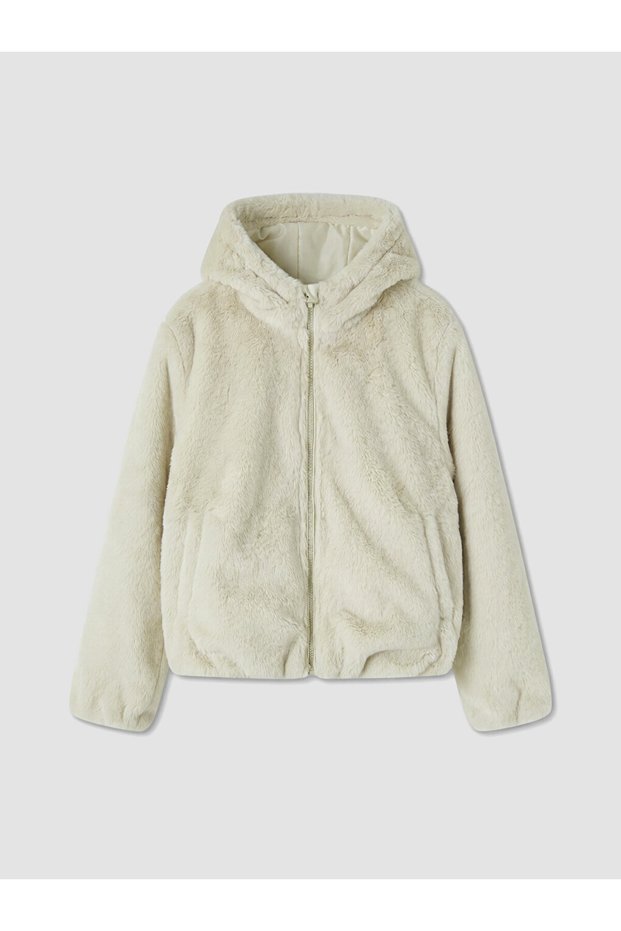 Özmarka New Season Ecru Hooded Girls' Plush Coat