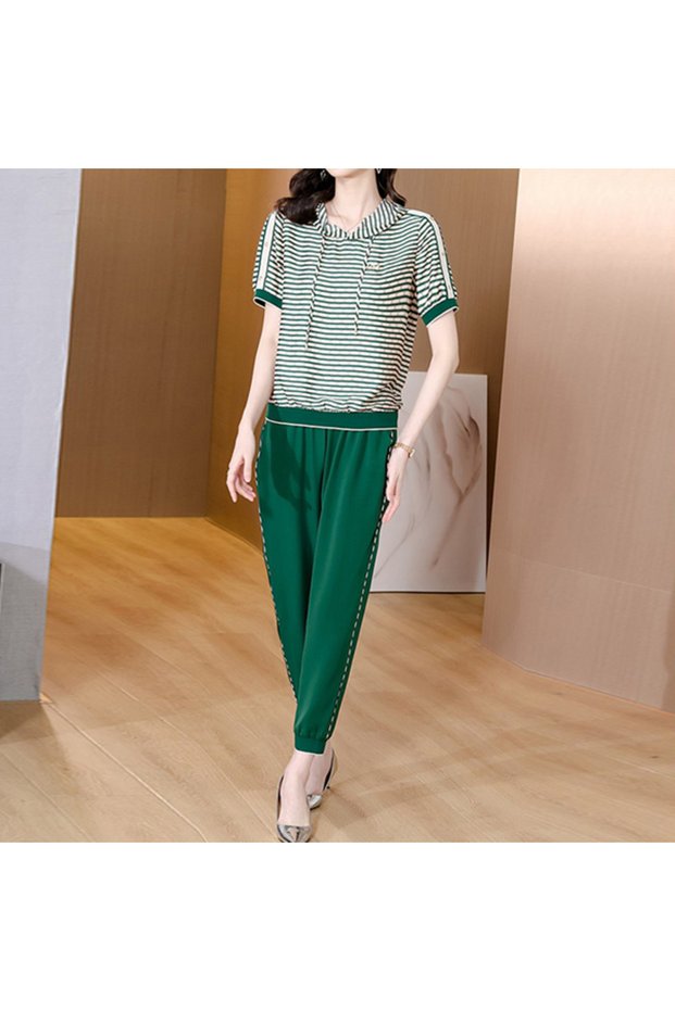 Women's Green Striped Top & Pants Set