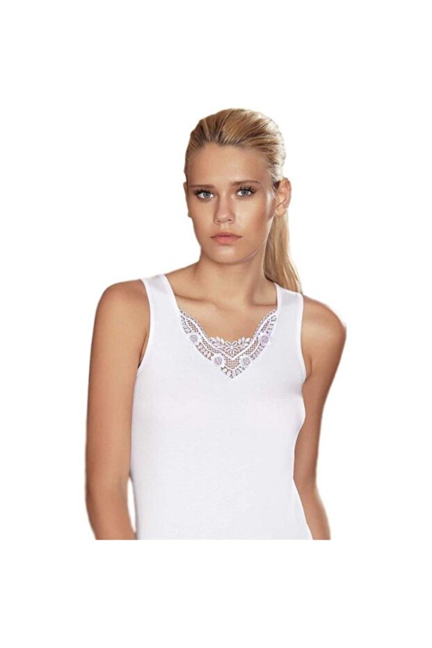 6 Pieces Women's Wide Strap Laced Ribbed Undershirt White B011