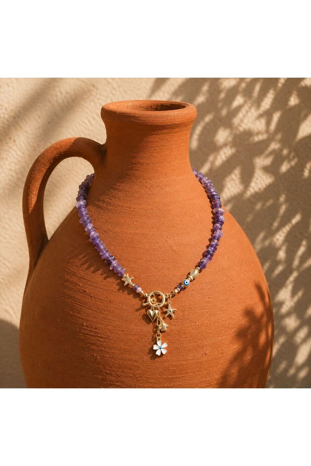 Kly-1067 Purple Amethyst Natural Stone Summer Necklace with Sea Charm | Eos Collective