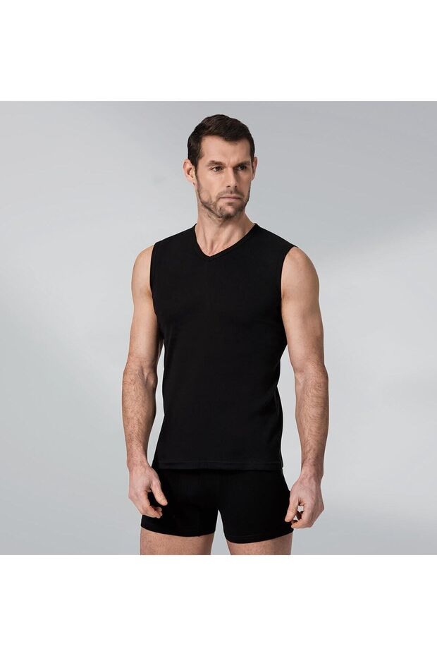 3 Pieces Black Color Sleeveless V-Neck Ribbed Undershirt