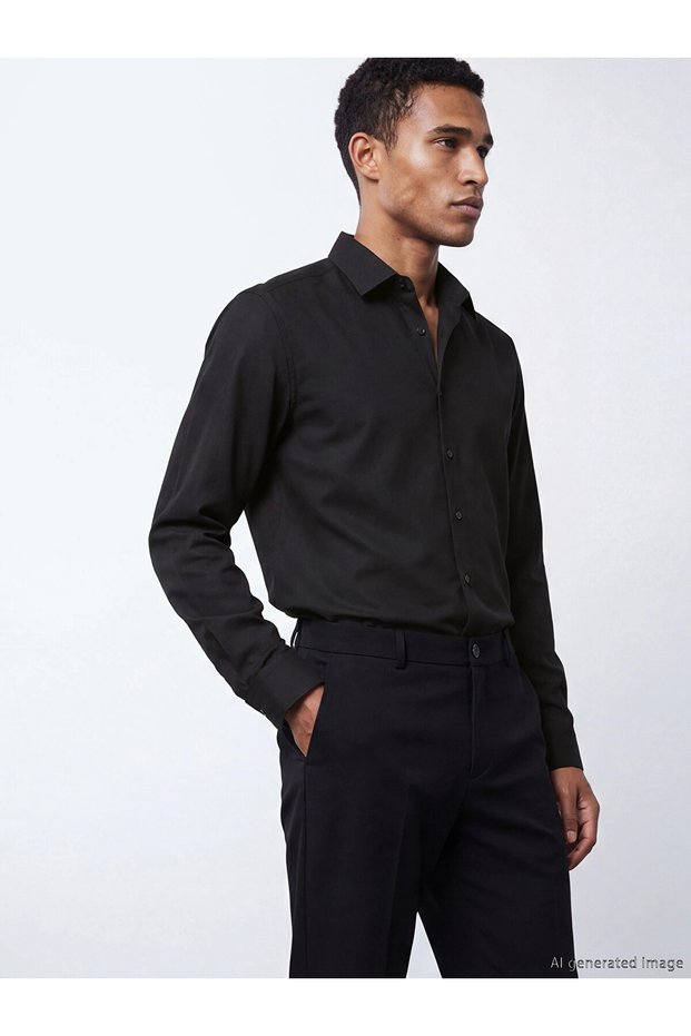 Lcw Business Black Slim Fit Long Sleeve Dobby Men's Shirt