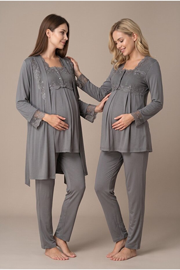 Women's Smoked Lace Long Sleeve Maternity Pajama Set with Easy Nursing Feature and Robe
