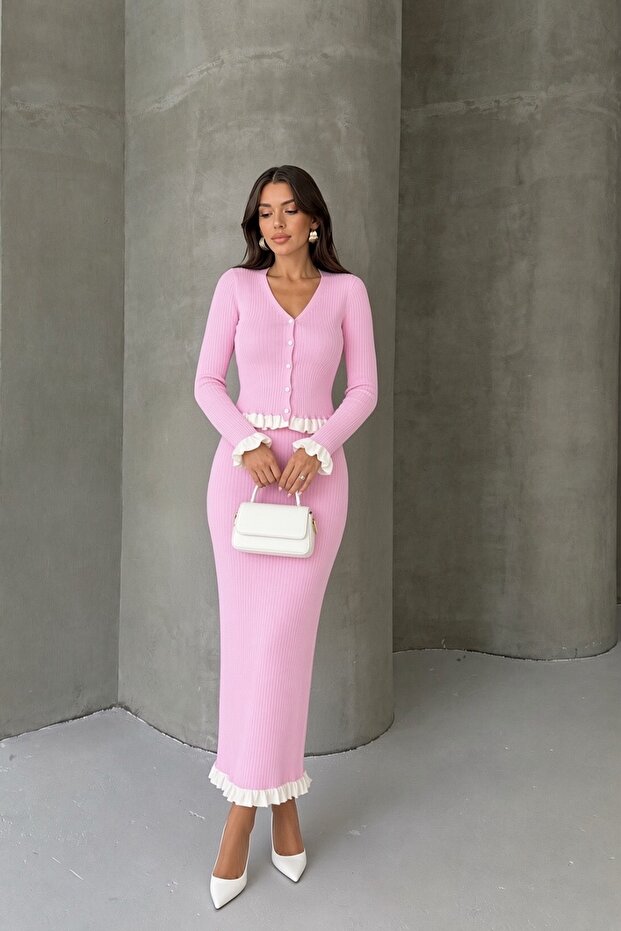Women's Pink Corduroy Ruffle Detailed Skirt Blouse Stylish Elegant Knitwear Set New Color (Size S)