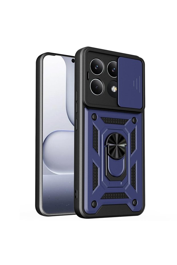 Case Compatible with Xiaomi Poco X6 Pro, Sliding Camera Protection, Ring Magnet Tank Cover, Dark Blue