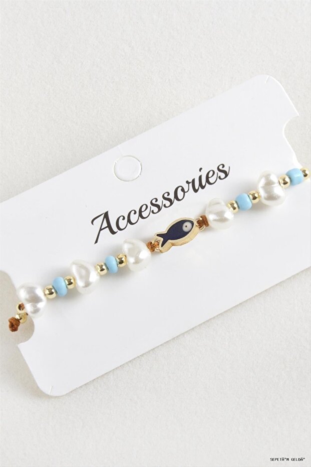 Spt-Gld Fish Pearl Beads Macrame Cord (11106) Bracelet Blue