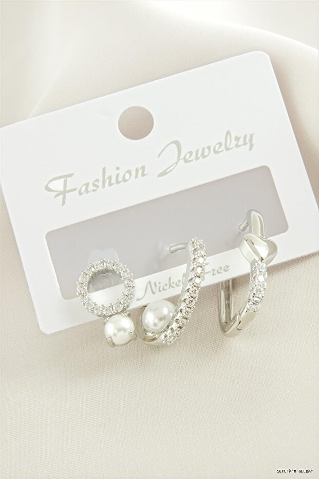 Spt-Gld 3 Pieces Heart Pearl Zircon Stone Earrings (230821) Silver Color