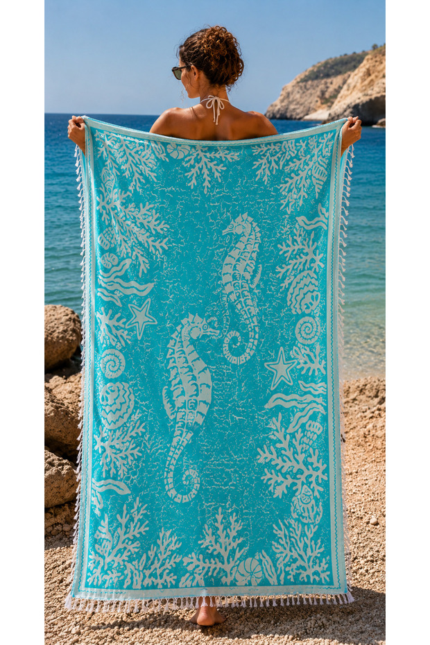 100% Cotton Natural Peshtemal | Soft Textured | Fast Drying | Green Sea Horse
