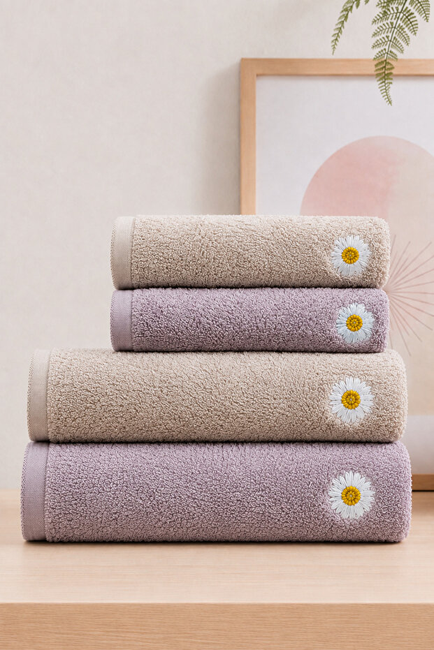Lina 4-Piece 100% Cotton Bamboo Embroidered Hand - Face - Head / Kitchen Towel Set (2 Pieces 50X90 cm - 2 Pieces 30X50 cm) | Mother and Daughter Dowry Towel Set | Premium, Soft, Absorbent and Durable