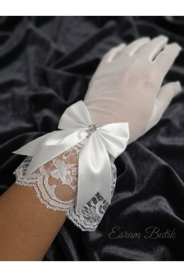White Transparent Trailing Satin Bow, Rhinestone Lace Wedding Dress Accessory, Wedding Engagement Wedding and Evening Dress Gloves