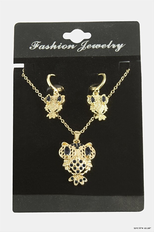 Spt-Gld Owl Zircon Stone Set (03810) Necklace Black