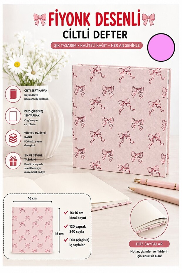 Square Notebook with Bow Figure 16X16Cm 1 Piece Lizz Hard Cover 120 Sheets Hardcover Unlined Special Memory g