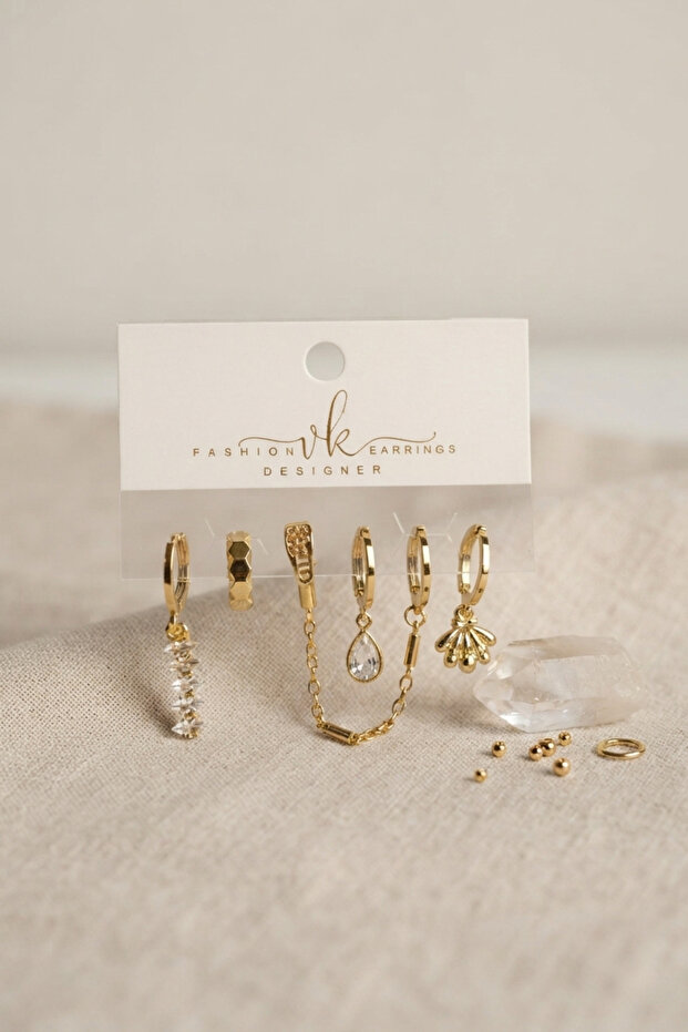 Gold Color Brass Zircon Stone Detailed 6-Piece Earring Combination Set