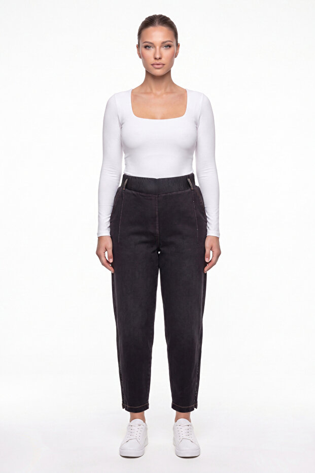 Women's Black Winter Denim Trousers with Elastic Waist and Stone Detail