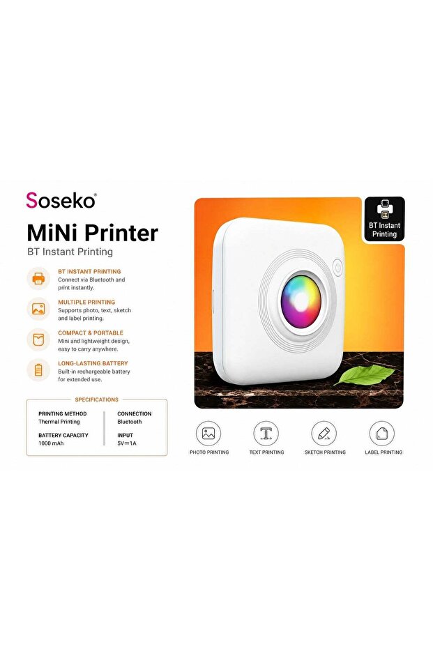 Mini Thermal Printer, Portable Bluetooth Wireless Photo & Label Printer for Mobile Devices