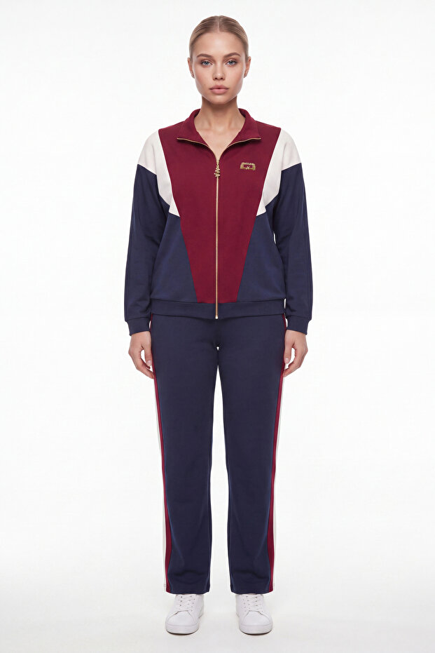 Women's Navy Blue Seasonal Zippered Color-Blocked Tracksuit Set with Accessories